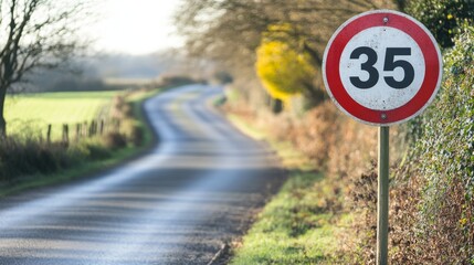 Speed limit sign displaying 35 mph on a rural road, emphasizing the importance of adhering to traffic regulations for safety and compliance.