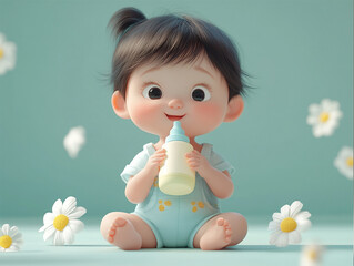 3D character illustration of a baby girl drinking from a bottle