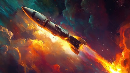 Naklejka premium Dramatic depiction of a rocket soaring into the sky, surrounded by a colorful cosmic backdrop, with a dynamic fiery plume illuminating the scene behind it.