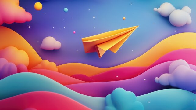 Vibrant paper airplane flying through a dreamy sky filled with colorful clouds and rolling hills in shades of pink, blue, and purple.
