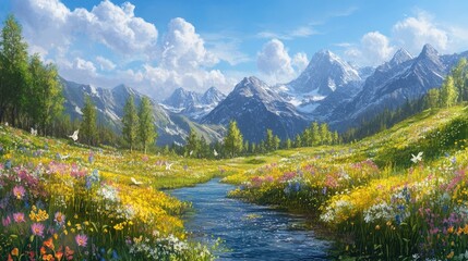 Fototapeta premium A picturesque meadow bursting with colorful wildflowers encircles a serene stream, set against majestic mountains under a brilliant blue sky scattered with fluffy clouds.