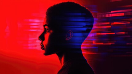 Profile silhouette of a youth against a vibrant red and blue digital background, symbolizing mental health challenges in the digital era, including cyberbullying and social media impact.