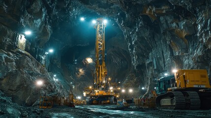 Fototapeta premium Underground Mining Operation Heavy Machinery in Cave
