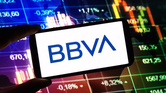 Konskie, Poland - November 19, 2024: Banco Bilbao Vizcaya Argentaria company logo displayed on mobile phone