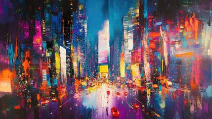 Obraz premium Vivid cityscape at twilight with dynamic streaks of color, showcasing vibrant lights and bustling energy in a lively urban environment.