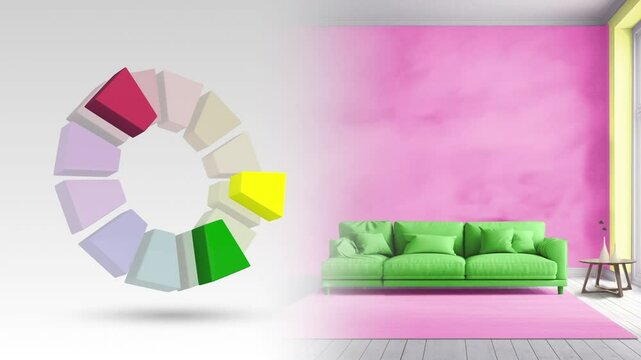 Split complementary color scheme of green,red violet,yellow for living interior