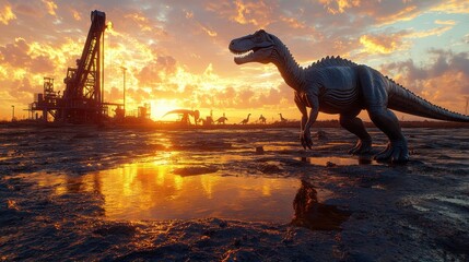 Fototapeta premium Prehistoric Giants at Sunset Oil Rig Dinosaurs Landscape