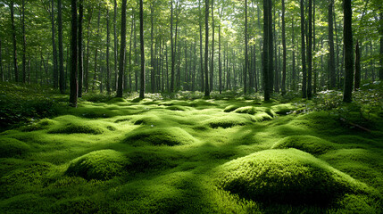Obraz premium A Serene Forest Glade Carpeted with Vibrant Moss, Enhanced by Dappled Sunlight and a Gentle Flowing Stream Creating a Tranquil Wildlife Habitat