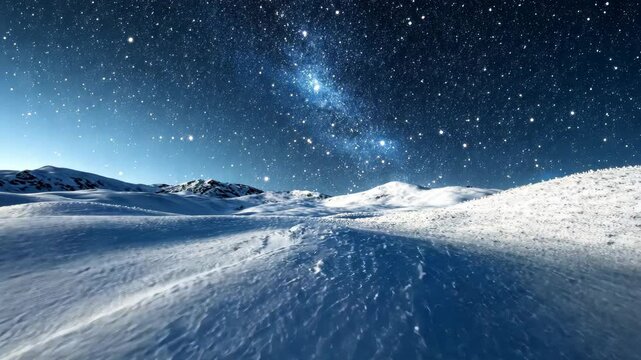 Snowy hillside under a star-filled sky, with soft, untouched snow creating a blanket of white under the cold, clear night. . Video