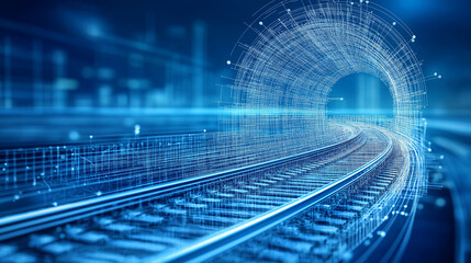 Digital Railway Tunnel: A futuristic digital tunnel emerges from a rail track, symbolizing a journey into the future of transportation. The abstract design evokes a sense of innovation, technology.