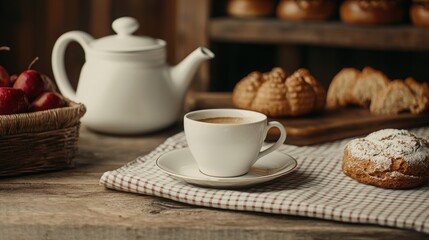 Fototapeta premium A cozy scene featuring a cup of coffee, a teapot, pastries, and apples, all set on a rustic tablecloth, evoking warmth and comfort.
