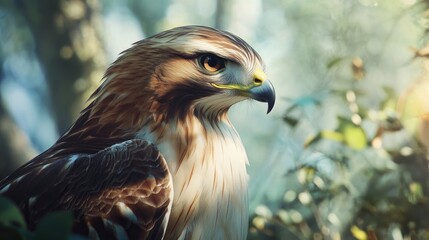 Obraz premium Close-up portrait of a majestic red-tailed hawk showcasing detailed feathers and piercing eyes in a vibrant natural setting.