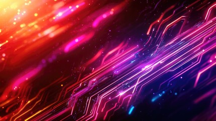 Obraz premium Futuristic abstract illustration showcasing vibrant luminous effects with dynamic glowing lines and intricate design elements in a rich color palette of pinks, purples, and oranges.