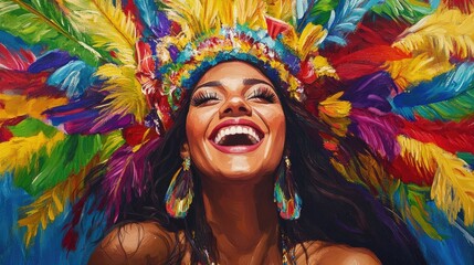Naklejka premium A joyful woman wearing a vibrant feathered headdress smiles brightly, capturing the essence of celebration and cultural festivities with a colorful backdrop.