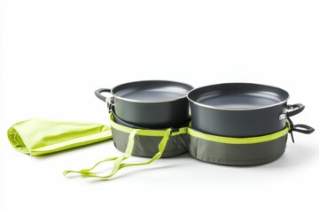 Portable camping cookware set with carrying bag.