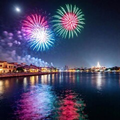Obraz premium eye-level photo of a Diwali fireworks show, captured in a medium shot. Employ rack focus to bring the colorful fireworks into sharp relief, rest of the scene softly blurred to enhance the vividness an