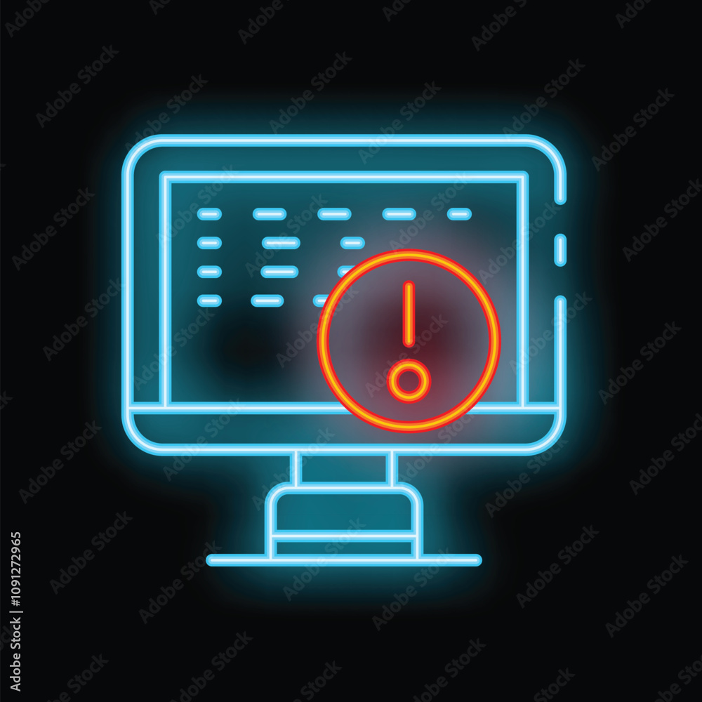 Poster neon computer monitor displaying an error message with an exclamation mark, warning about a system f