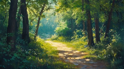 Obraz premium Serene forest pathway illuminated by soft sunlight filtering through lush green leaves, creating a tranquil and inviting atmosphere of natural beauty