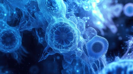 Obraz premium Close-up view of intricate bacterial structures highlighted by a glowing blue background, showcasing unique textures and organic forms.