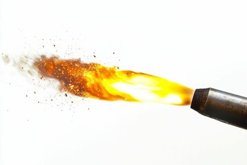 Fiery orange flame erupts from metal nozzle.