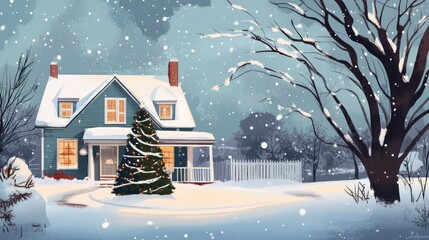 Naklejka premium Winter scene of a snow-covered house adorned with a Christmas tree, capturing the cozy spirit of the holiday season amidst falling snow.