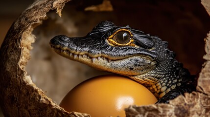 Obraz premium Close-up of a Baby Crocodile Emerging from an Egg, Showcasing Its Vibrant Eyes and Textured Skin Amidst an Intimate Natural Setting