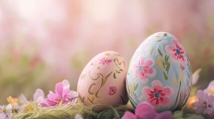 Fototapeta premium Colorful decorative Easter eggs nestled among flowers with a clear space for text on the larger egg, creating a vibrant springtime scene.