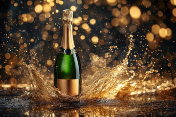 Fototapeta premium Glittering champagne bottle splashing in golden water