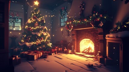 Obraz premium Warm holiday scene featuring a beautifully decorated Christmas tree, a crackling fireplace, and presents in a softly illuminated room.