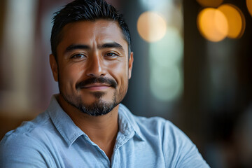 Fototapeta premium Confident Hispanic man with warm smile. Close-up portrait, natural light, modern professional, approachable demeanor, branding-friendly