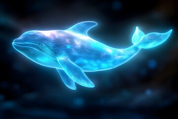 A blue, glowing outline of a whale in space, in a cartoon style, against a black background