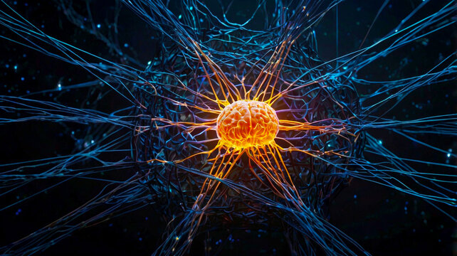 A stunning illustration depicting a complex neural network with a glowing center, symbolizing connectivity and intelligence. Perfect for tech, science, and innovation themes.