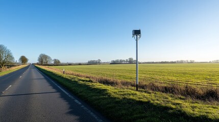 Empty road stretching into the distance with a speed monitoring device installed, emphasizing the importance of safety and adherence to traffic regulations.