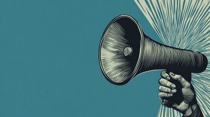 Obraz premium A hand holding a vintage megaphone against a vibrant blue background, with dynamic lines radiating from the speaker, providing a blank space for custom advertising and messaging.