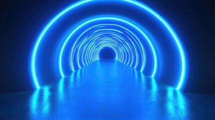 Naklejka premium Vibrant 3D rendering of a captivating abstract geometric tunnel illuminated by striking blue neon lights, creating a dynamic and colorful atmosphere perfect for modern design themes.