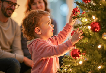 Happy toddler decorating christmas tree with family watching