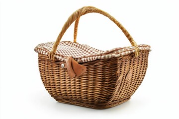 Obraz premium Empty wicker picnic basket, checkered lining.