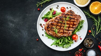 Delicious Grilled Steak Served on Plate with Fresh Greens, Cherry Tomatoes, and Spices in Dark Rustic Setting Ideal for Culinary Themed Photography