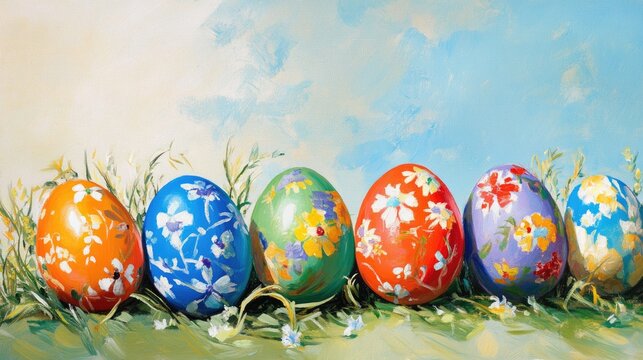 Colorful Easter eggs arranged in a grassy setting with vibrant floral patterns, set against a soft, pastel sky background, ideal for personalization on a blank card.