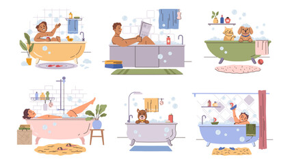 People bathing. Vector male and female, child character and pets in bathroom taking bath surrounded by bubbles and soapy water. Hygiene and washing. Rest and relaxation. Daily hygiene procedures