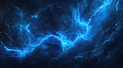 Fototapeta premium Electric blue lightning illuminates a dark, stormy sky, showcasing the intense energy and drama of a powerful thunderstorm.