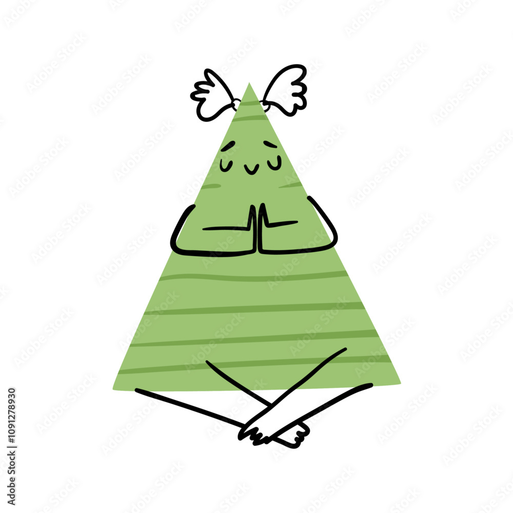 Poster triangle figure with smile and facial expression of joy meditating. vector isolated personage with h