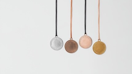 Array of Medals in Various Finishes Hanging on Ribbons Against a Pale Background, Representing Achievement and Success in Sports and Competitions