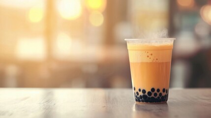 Refreshing and Creamy Beverage with Tapioca Pearls in a Clear Cup Against a Warm Sunset Background for a Cozy Drink Experience