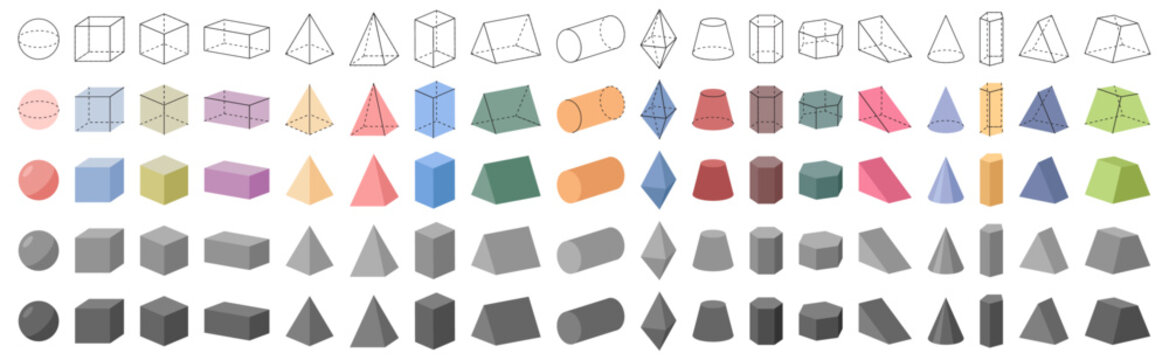 Geometric 3D shapes, solid and contours objects. Vector cube, rectangular and triangular, pentagonal and hexagonal parallelepipeds, truncated and regular cones and pyramids, cylinder and octahedron