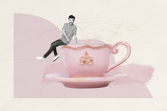 Composite artwork photo collage template sketch of royal style huge huge tea cup aristocratic young guy miniature sit smile finger point