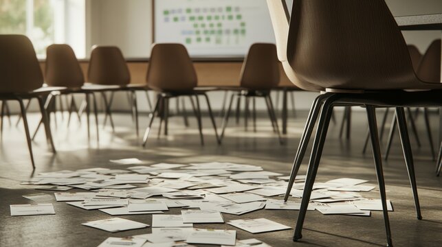 Empty meeting room with scattered budget papers and vacant chairs, symbolizing the aftermath of intense decision-making and strategic planning sessions.