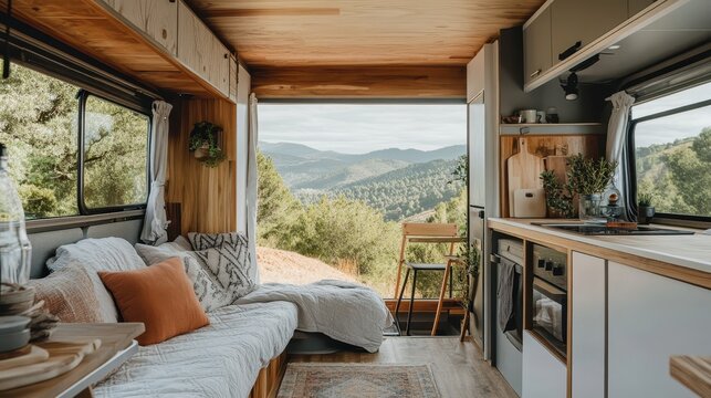 Cozy interior of a camper van with scenic mountain views.