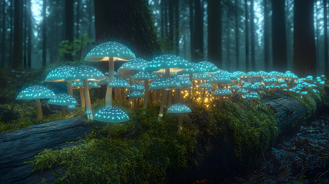 Enchanted Forest Landscape Featuring Glowing Panellus Stipticus and the Magic of Twilight