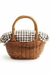 Obraz premium Wicker basket, checkered cloth lining, handle.